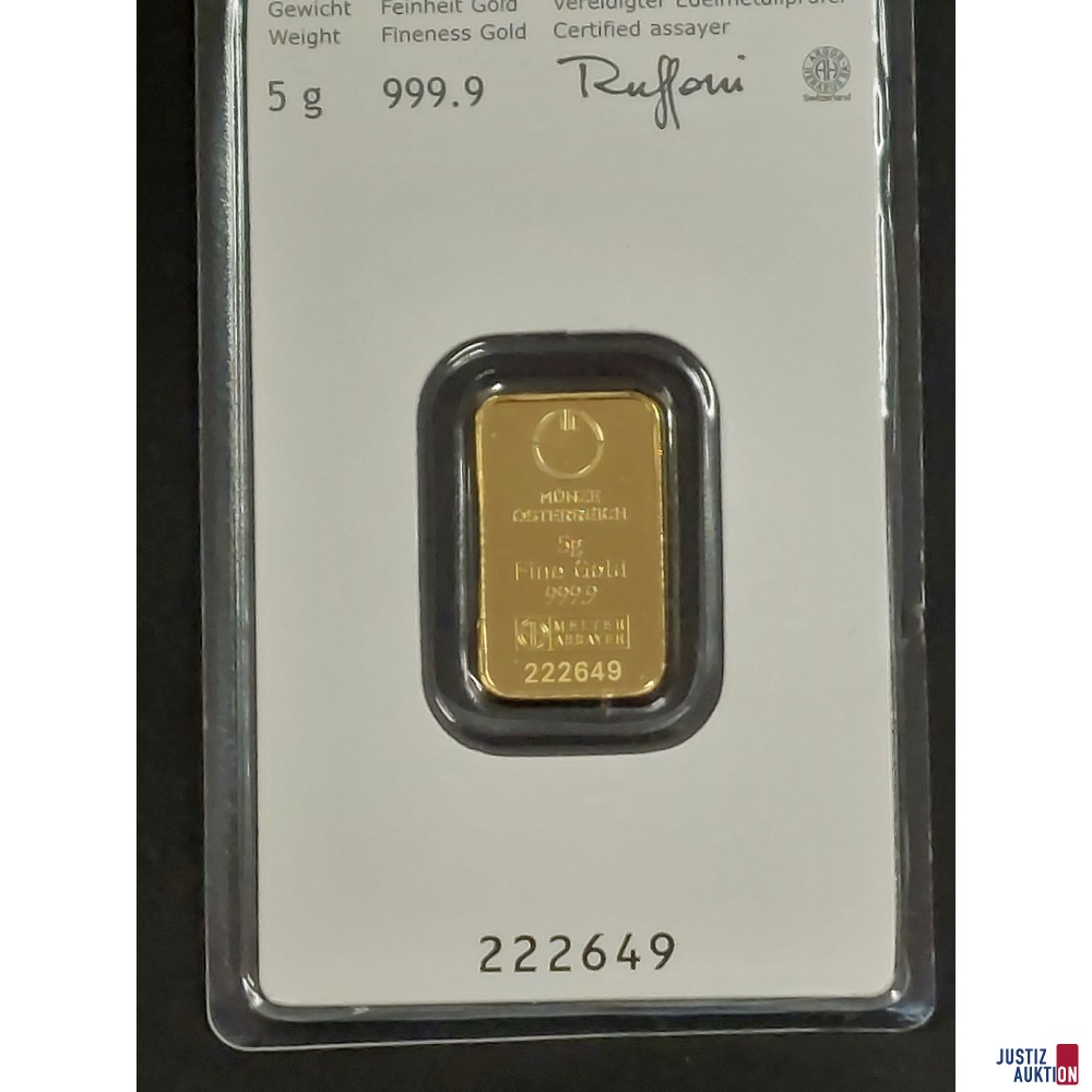 Goldbarren 5 g - 999,9 ‰ Münze Österreich