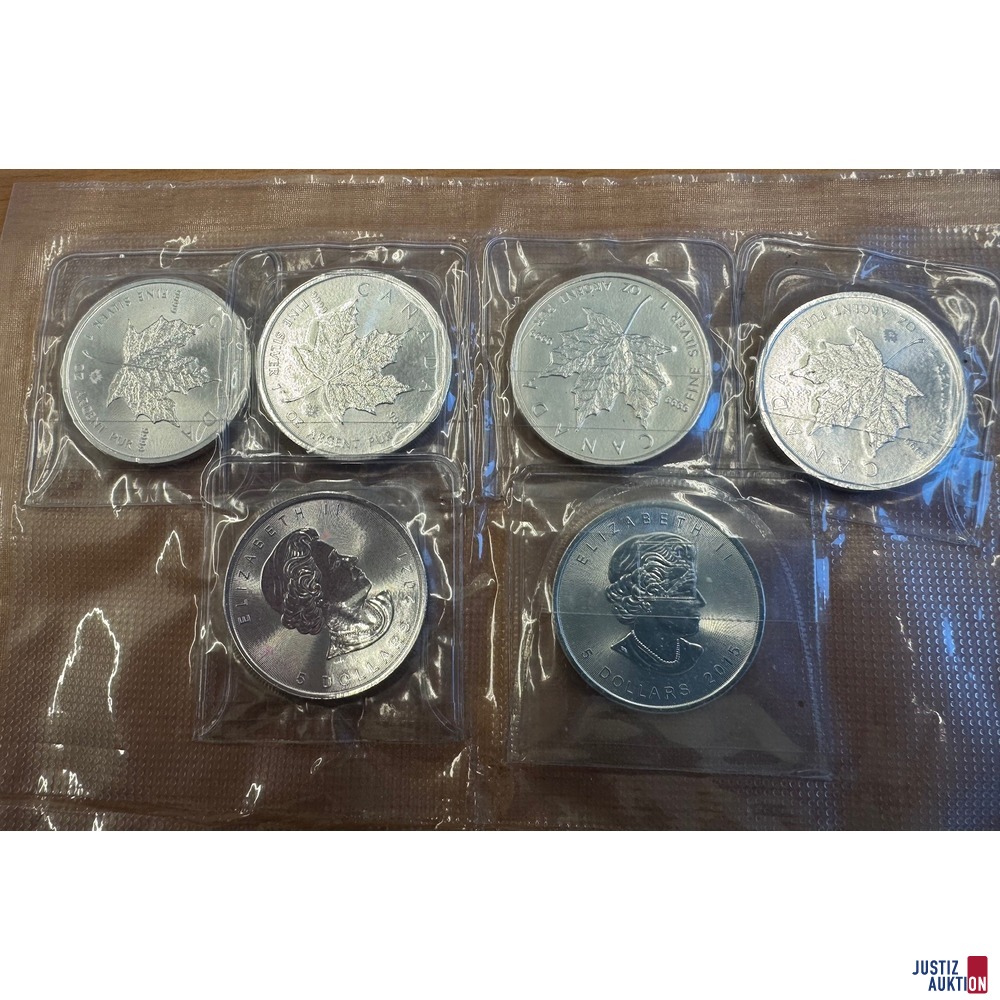 6 Maple Leaf Canada Sibermünzen, 999er Feinsilber, 5 Dollar Nennwert