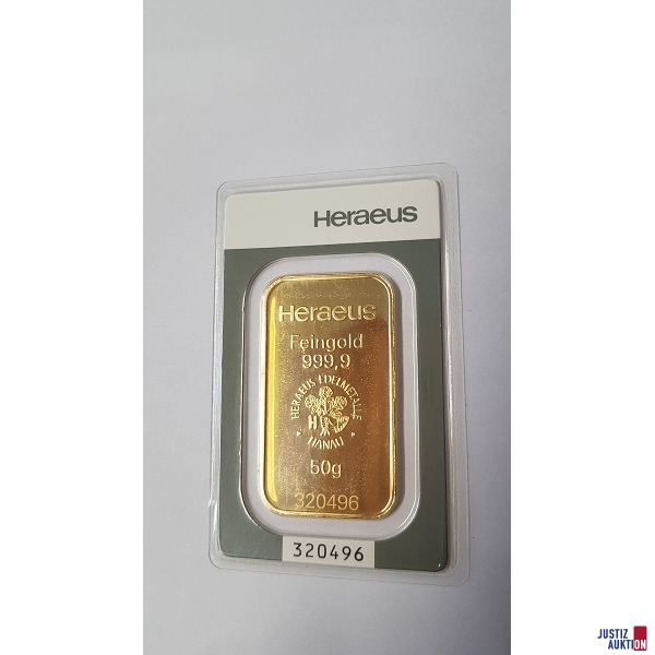 1 Goldbarren zu 50 g Heraeus 320496